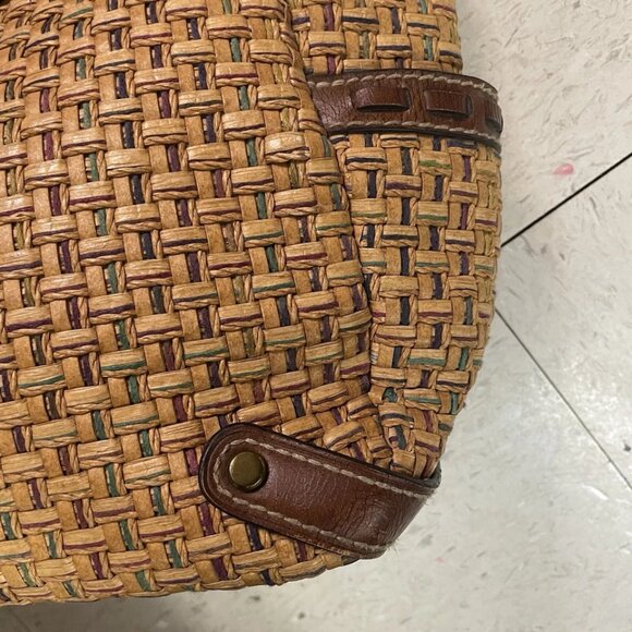FOSSIL Brown Woven Wicker Handbag w/ Wooden Round‎ Handles Leather Trim Y2K Boho - Picture 4 of 16